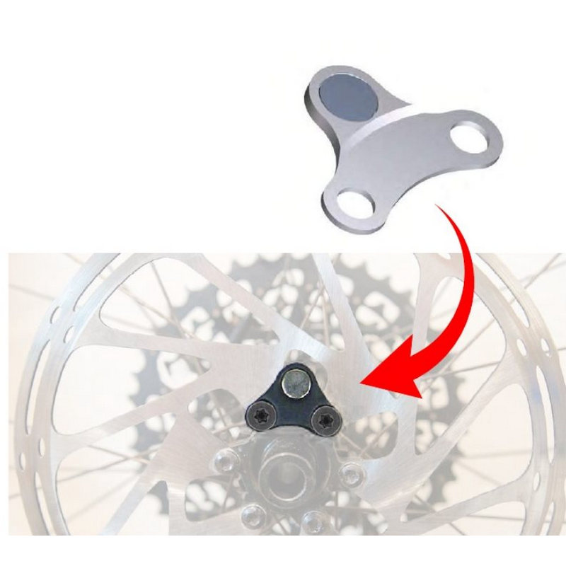 E-Bike Magnet Typ A zur Montage an einer Scheibenbremse, mit rotem Pfeil der die Einbaurichtung andeutet.