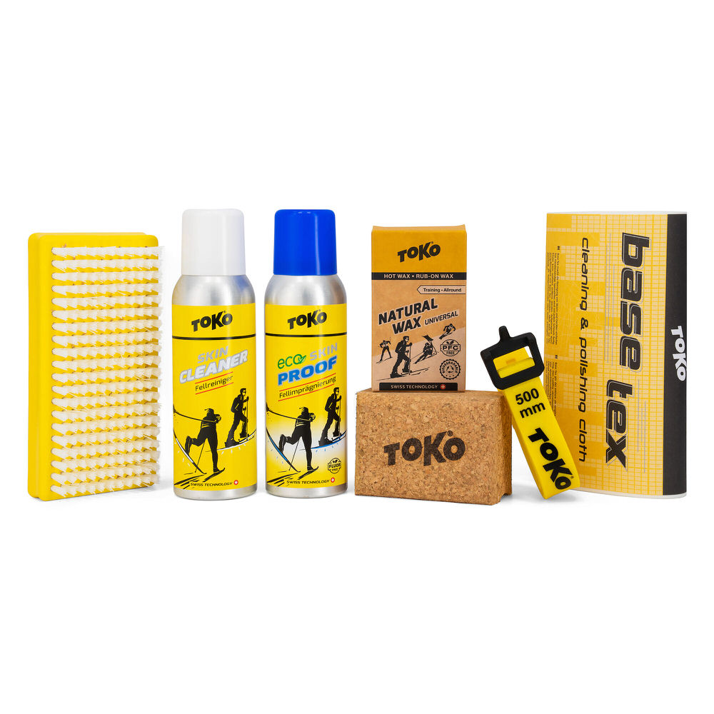 Produkt-Set für Skitouren: Reiniger, Imprägnierung, Naturwachs, Thermo Cork, Bürste, Base Tex, Express Strap.