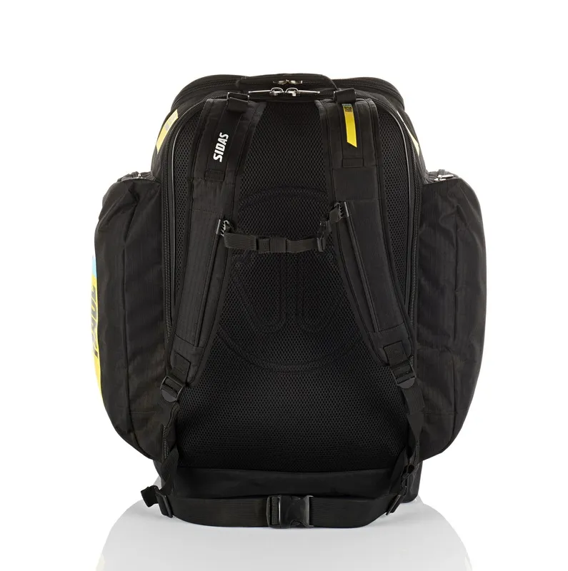 Black Sidas Race Boot Bag 60L from the back, with straps, mesh structure and yellow accents.