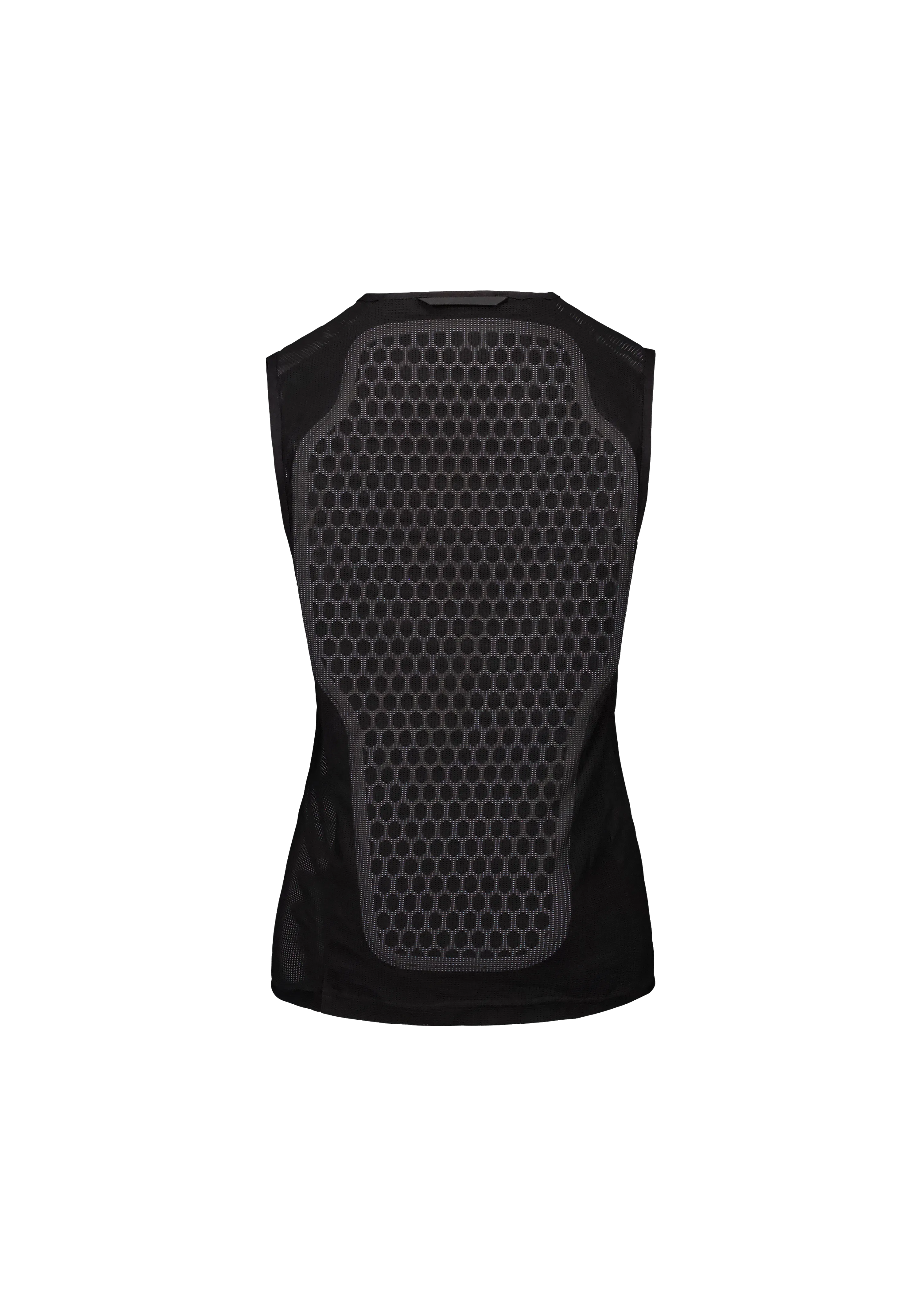 Black, sleeveless sports top with hexagonal padding at the back.