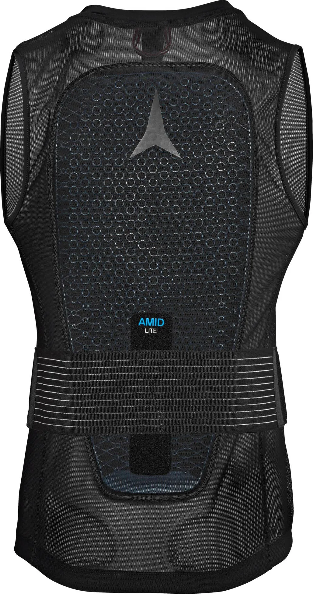 Black protective vest with back protector and elastic waistband with fine, horizontal white stripes.