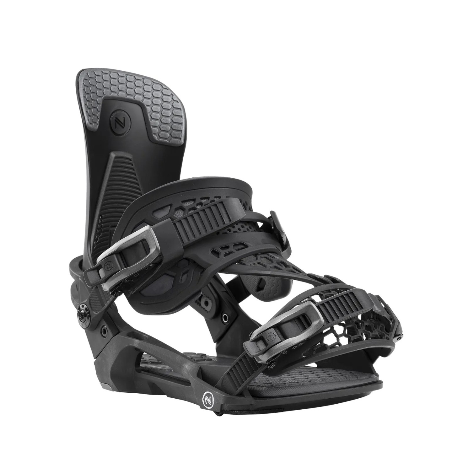 Schwarze Nidecker Kaon Plus Snowboardbindung, seitlich. Details wie Highback, Straps und Schnallen sind sichtbar.