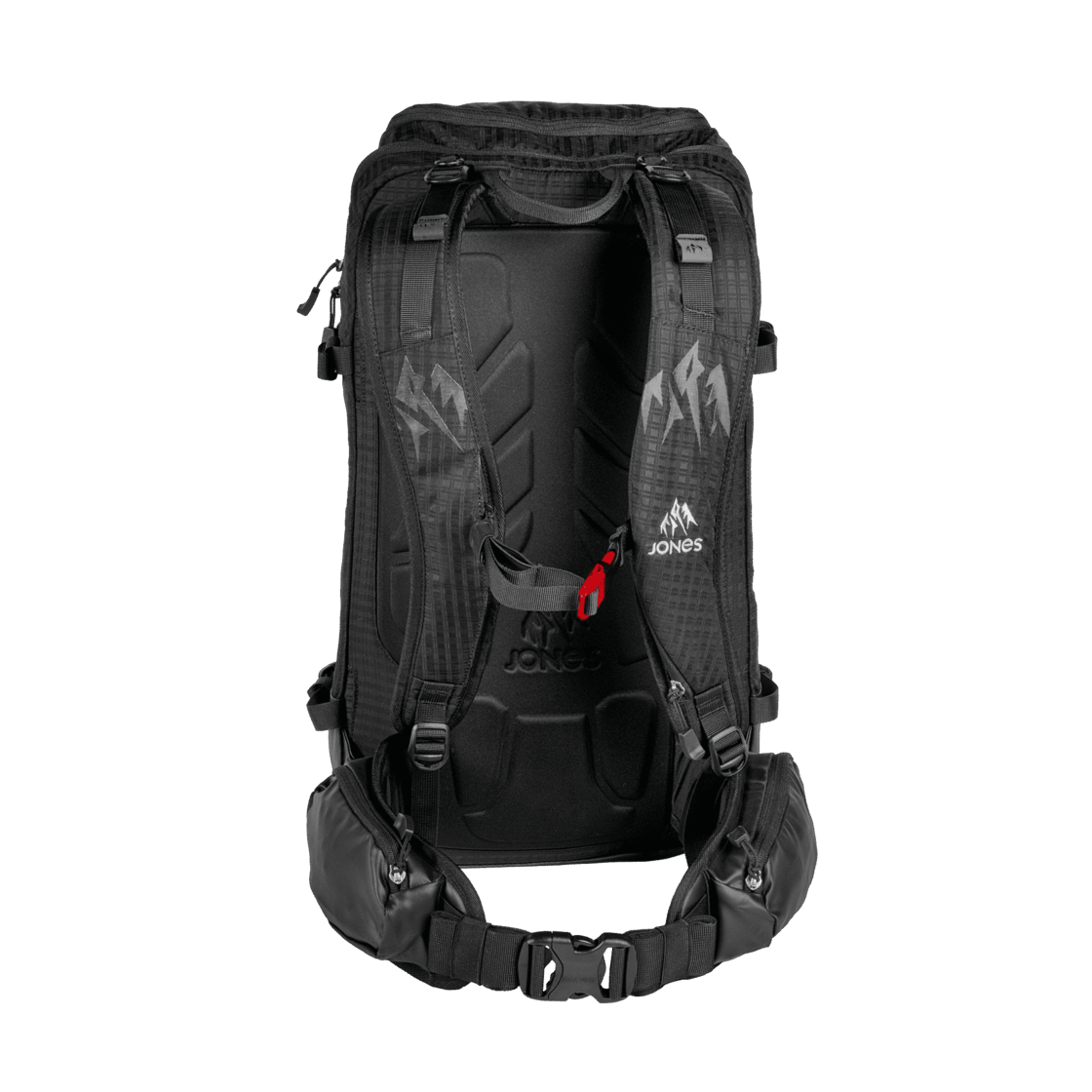 Schwarzer DSCNT 25L Tourenrucksack von Jones, Rückansicht mit Trägern, Hüftgurt und Herstellerlogo.