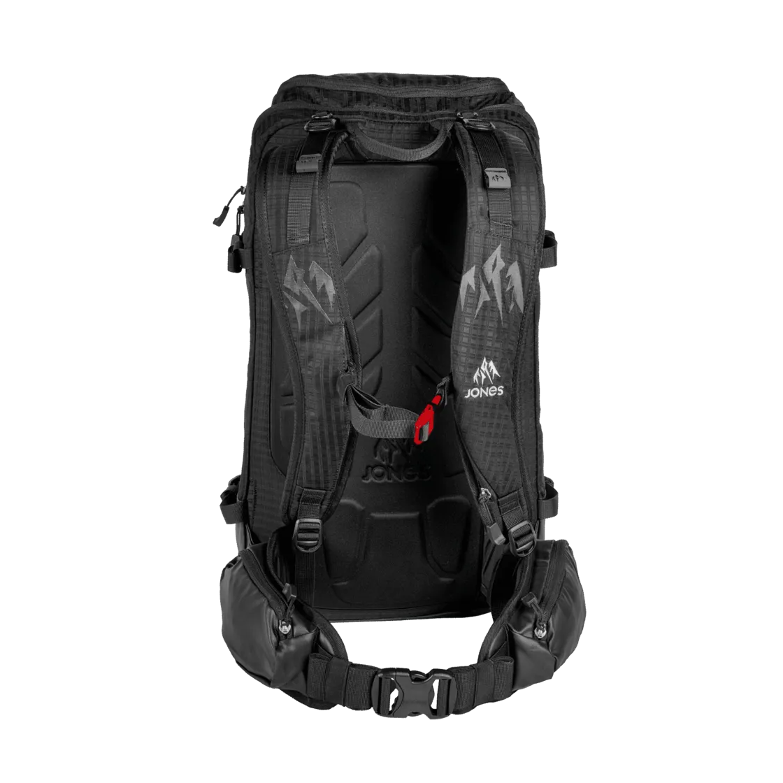 Schwarzer DSCNT 25L Tourenrucksack von Jones, Rückansicht mit Trägern, Hüftgurt und Herstellerlogo.