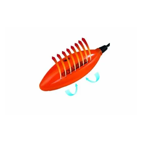 Orange-colored Alpenheat shoe dryer with heat arrows and air circulation arrows.