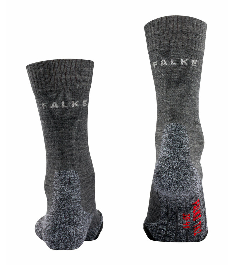 Zwei graue TK2 Trekking Socken mit Falke Logo, einmal von vorne und einmal von hinten gezeigt.