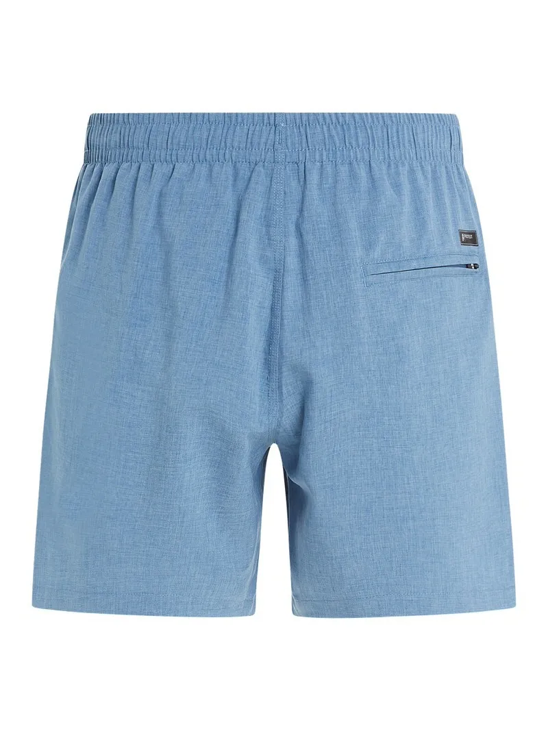 Light blue, short swim shorts with an elastic waistband and a zipped pocket on the back right.