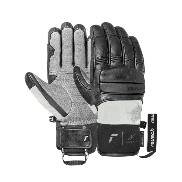 Ein Paar schwarze Reusch-Handschuhe, Handflächen grau mit Punktmuster, Etikett mit "Reusch"-Schriftzug.