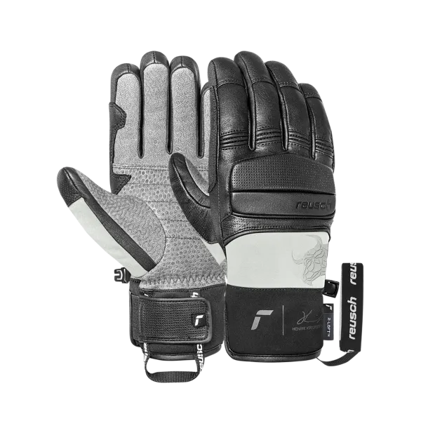 A pair of black Reusch gloves, gray palms with dot pattern, label with "Reusch" lettering.