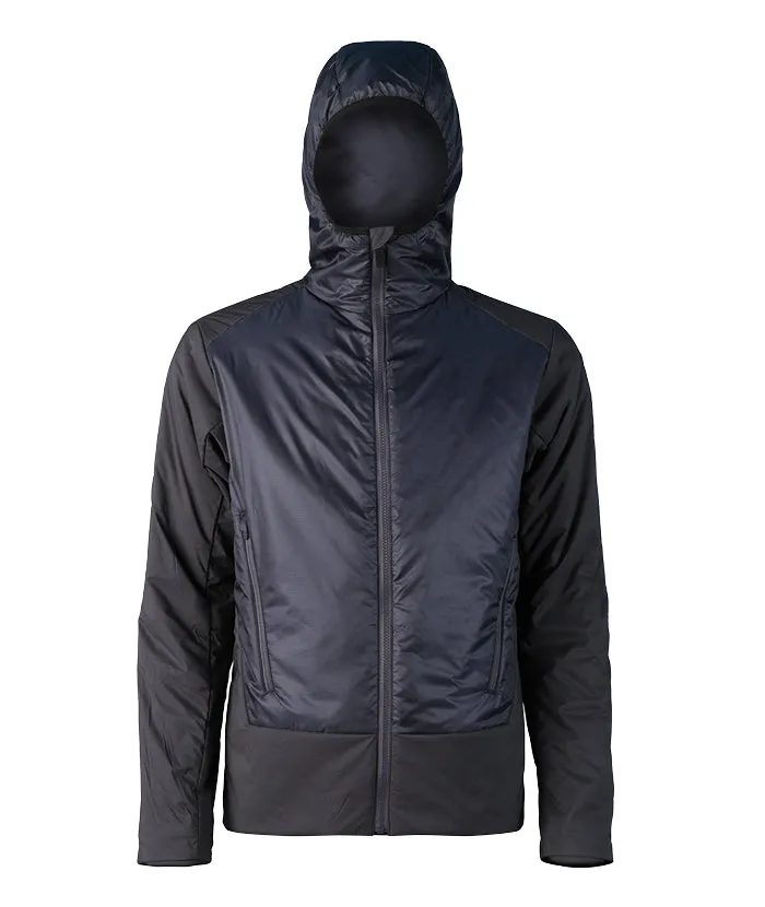Blaue Lenz Padded Jacket 2.0 für Herren, frontal, mit Kapuze und durchgehendem Reißverschluss. Seitliche Ärmel und Kapuze in Schwarz.