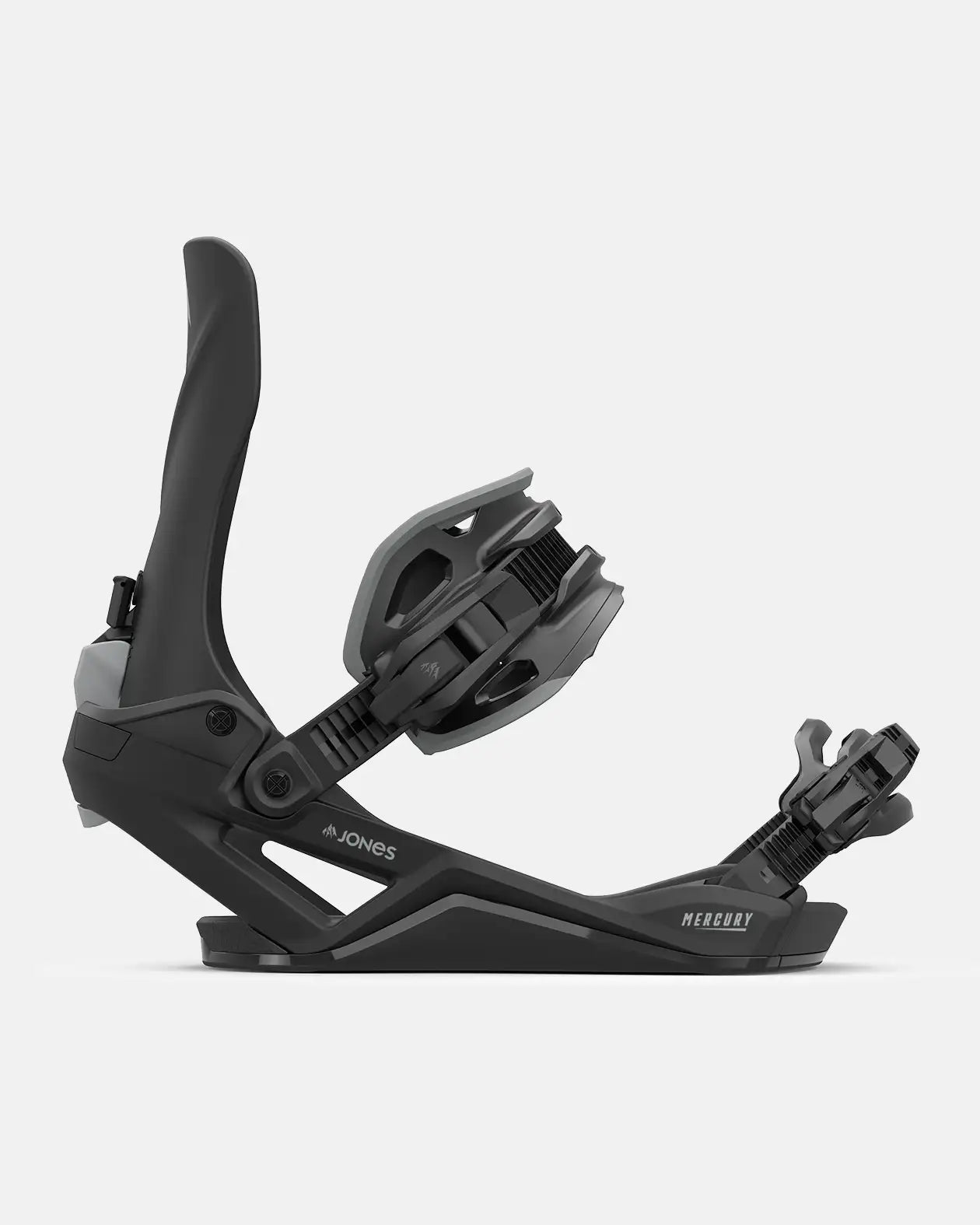Dunkelgraue Snowboard-Bindung der Marke "Jones", Modell "Mercury", vor hellem Hintergrund.