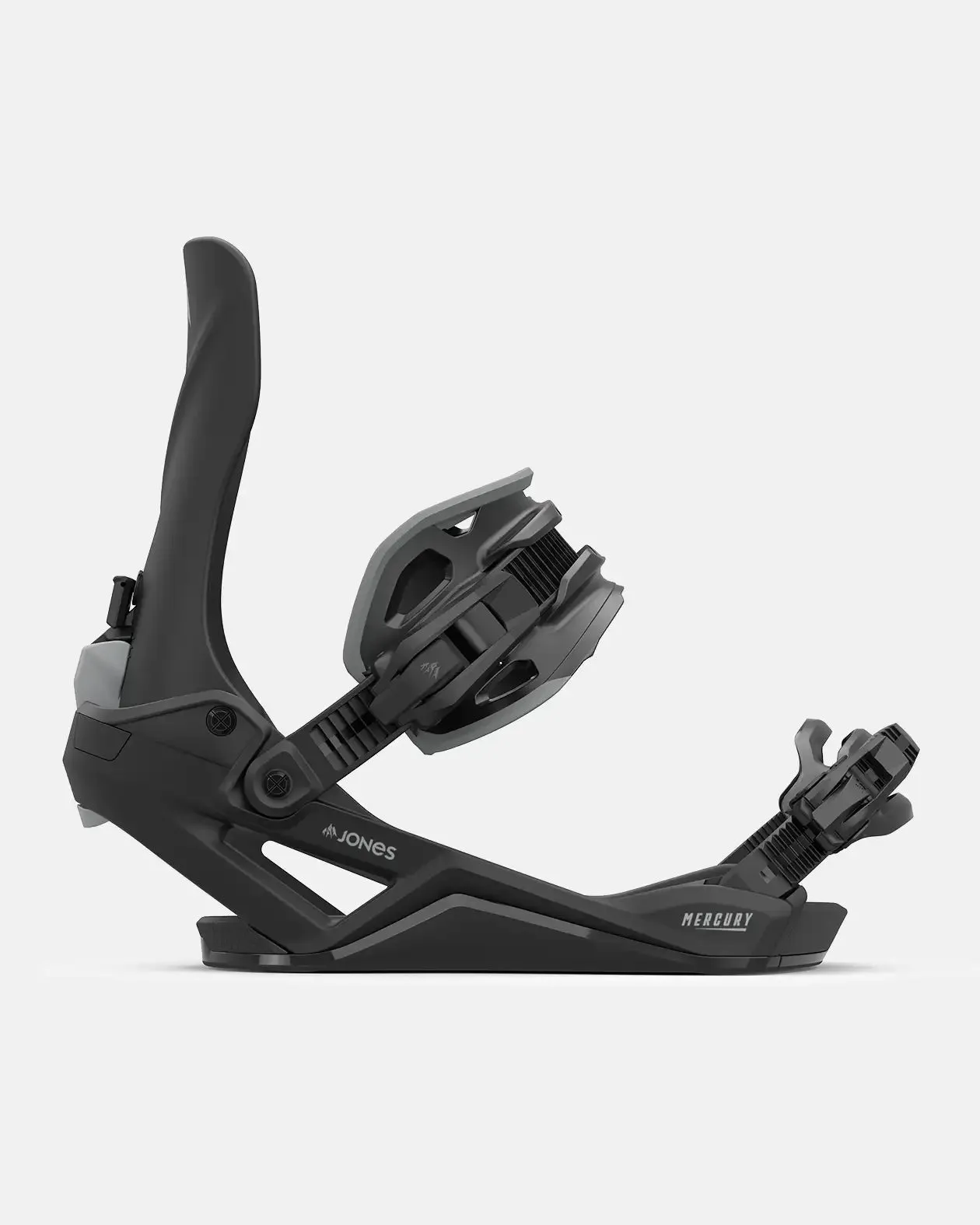 Dunkelgraue Snowboard-Bindung der Marke "Jones", Modell "Mercury", vor hellem Hintergrund.
