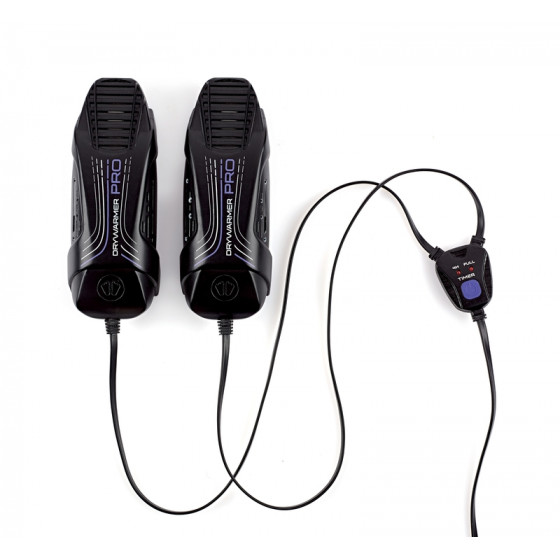 Sidas Drywarmer Pro schwarz Zwei schwarze Sidas Drywarmer Pro USB Schuhtrockner, verbunden mit Kabeln und einem Steuerungselement.