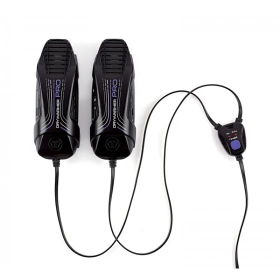 Two black Sidas Drywarmer Pro USB shoe dryers, connected with cables and a control element.