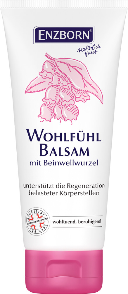 Weiße Tube Wohlfühl-Balsam mit rosa Deckel und Beinwellwurzel-Illustration.