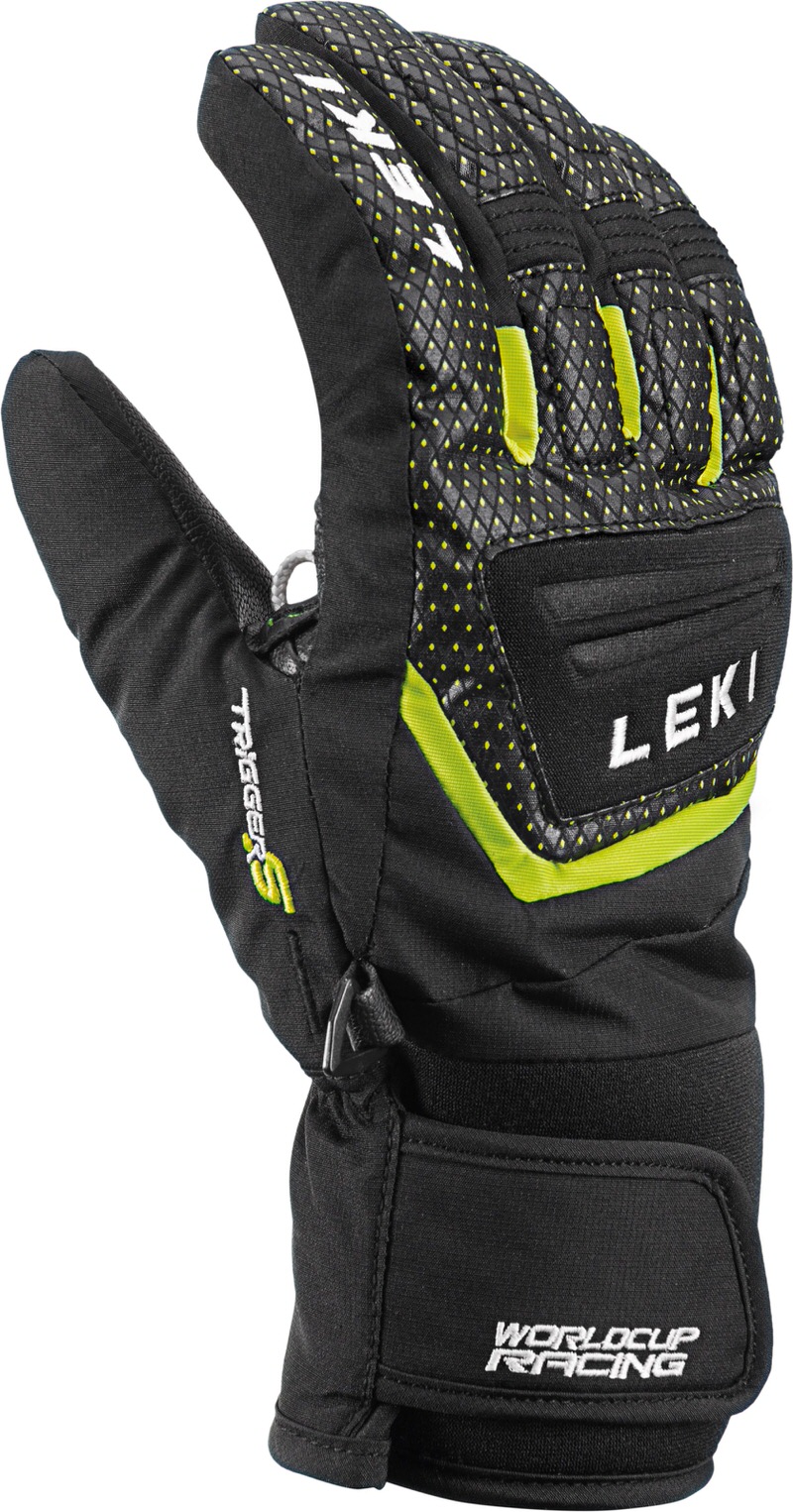 Close-up of a black Leki Worldcup S Junior ski glove with yellow accents and Trigger S system.