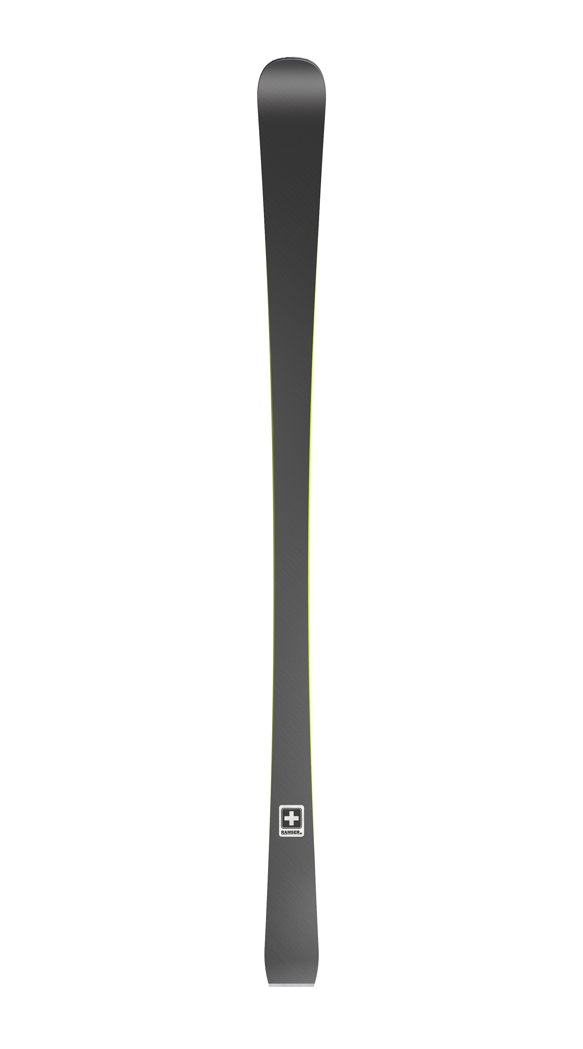 Ski Ramser Gelb Ski "Ramser Yellow" von vorne. Grau mit gelbem Rand. Unten Logo: weißes Schweizer Kreuz auf schwarzem Grund.