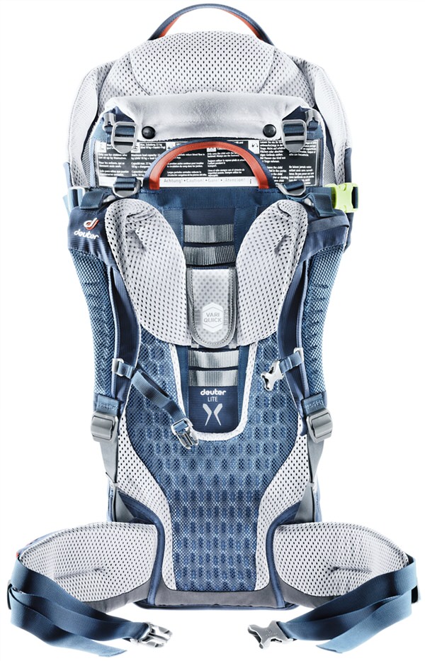 Detailed view of the blue Kid Comfort Active child carrier from Deuter, back view with belt system and mesh structure.