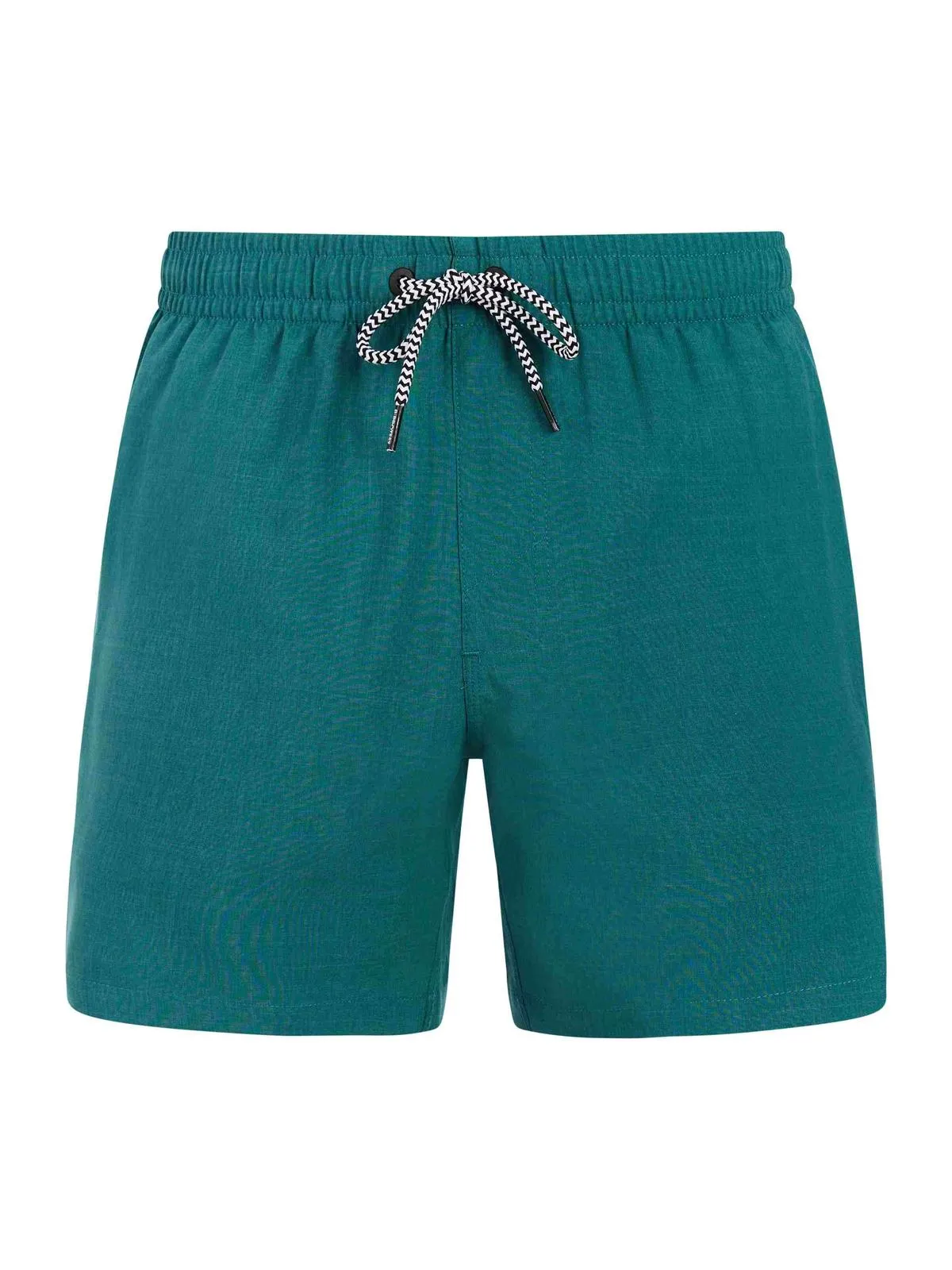 Pantaloncini da bagno turchesi con coulisse bianca e nera ed elastico in vita, davanti su sfondo bianco.
