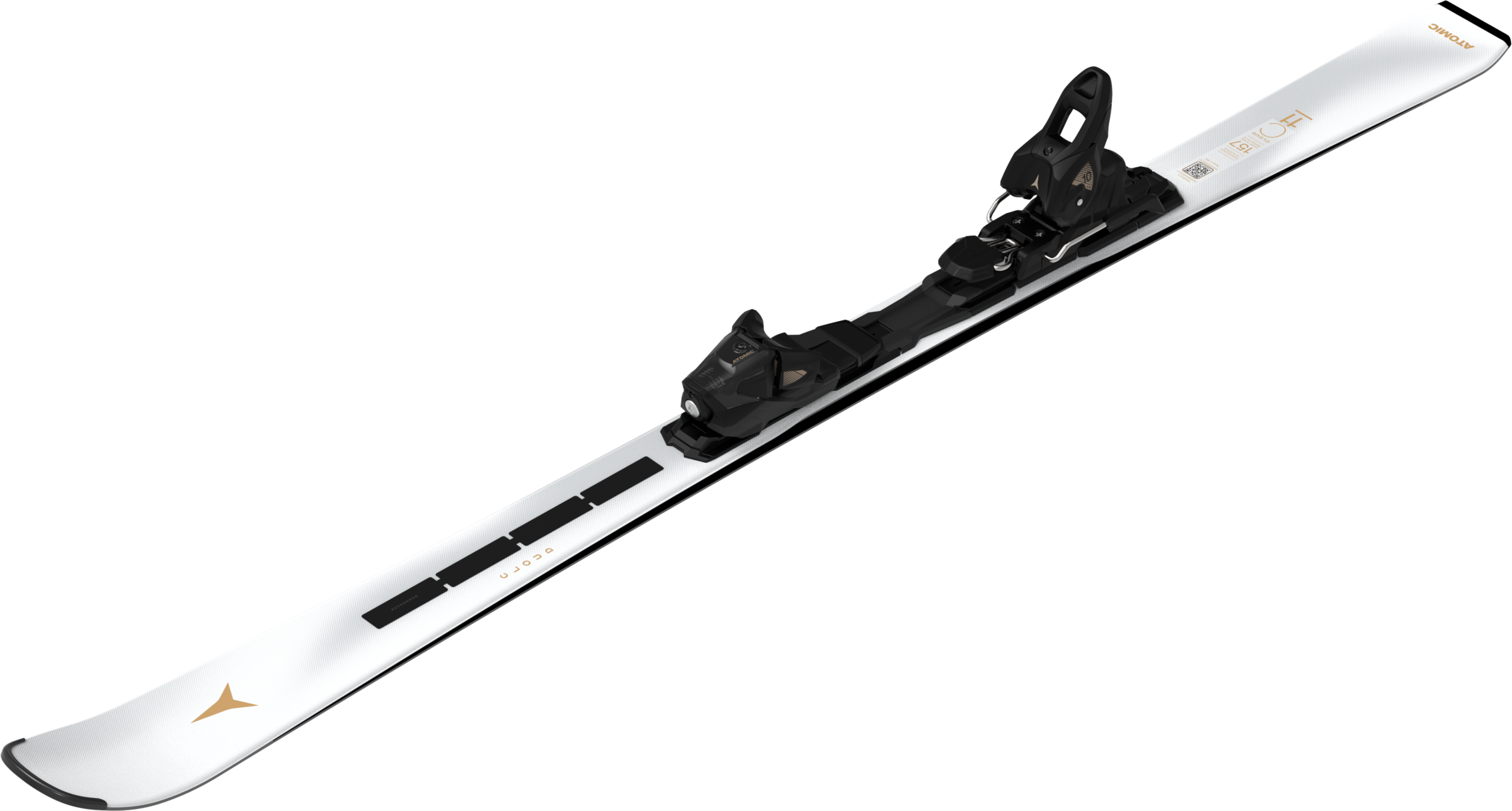 Draufsicht eines weißen Atomic-Skis mit schwarzer Bindung, der diagonal von unten links nach oben rechts ausgerichtet ist.