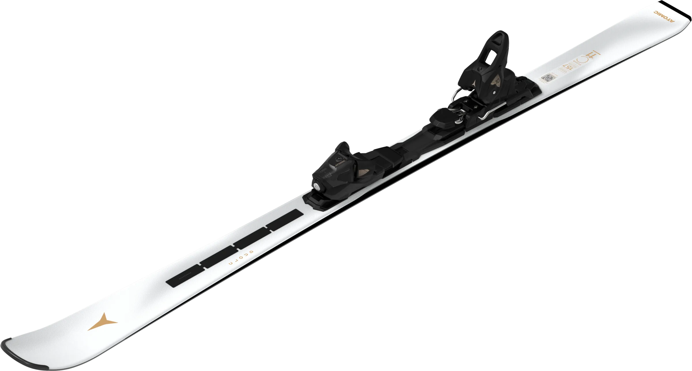 Top view of a white Atomic ski with black binding, aligned diagonally from bottom left to top right.