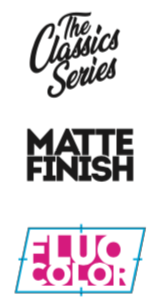 Klassik Serien Logos Logos: "The Classics Series", "Matte Finish" und "Fluo Color" untereinander angeordnet.