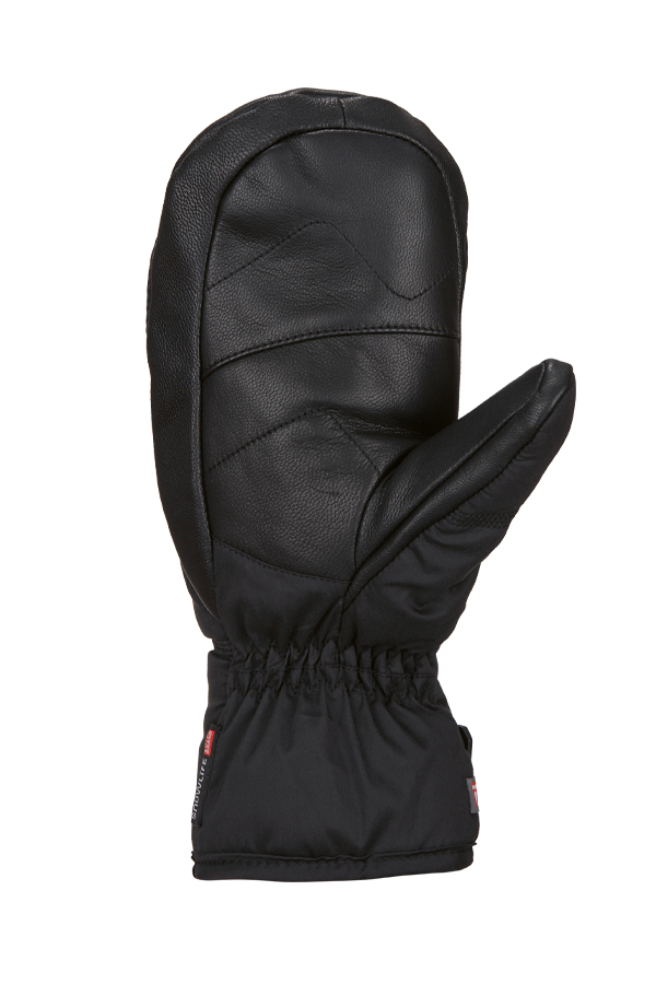 Schwarzer, beheizbarer Snowlife Lady Super Soft Fäustling aus Leder mit Stretch-Bündchen.