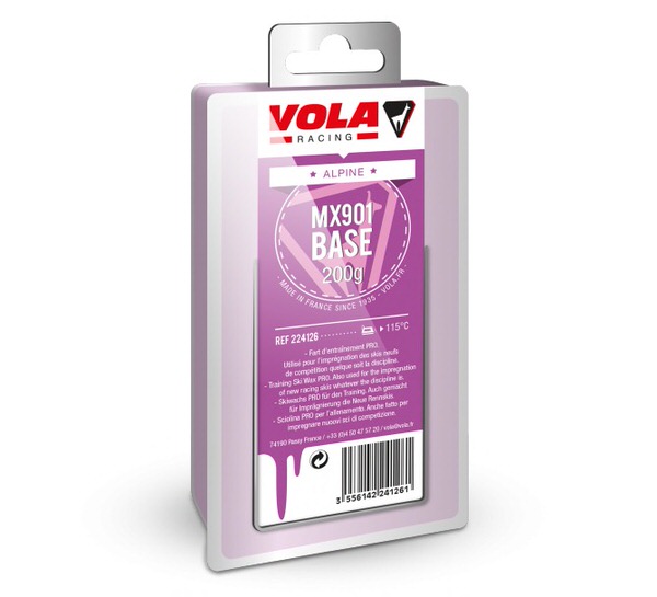 Verpackung Vola Racing MX901 Base Wachs, 200g, lila Etikett mit Produktinformationen und Firmenlogo.