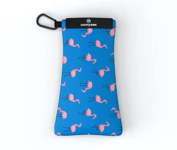 Sunnysoc blu con fenicotteri rosa e moschettone.