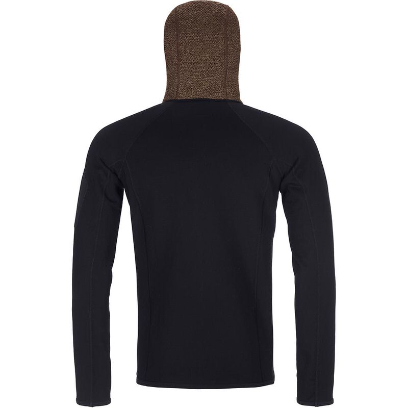 Rückansicht eines schwarzen Fleece Hoody mit Strickkapuze in Braun-Beige von Ortovox.