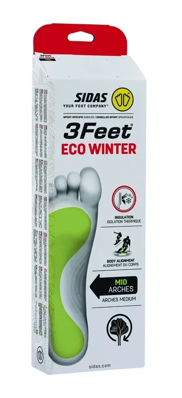 Verpackung der Sidas 3Feet Eco Winter Mid Einlegesohle für mittleres Fußgewölbe, mit Fuß-Illustration.