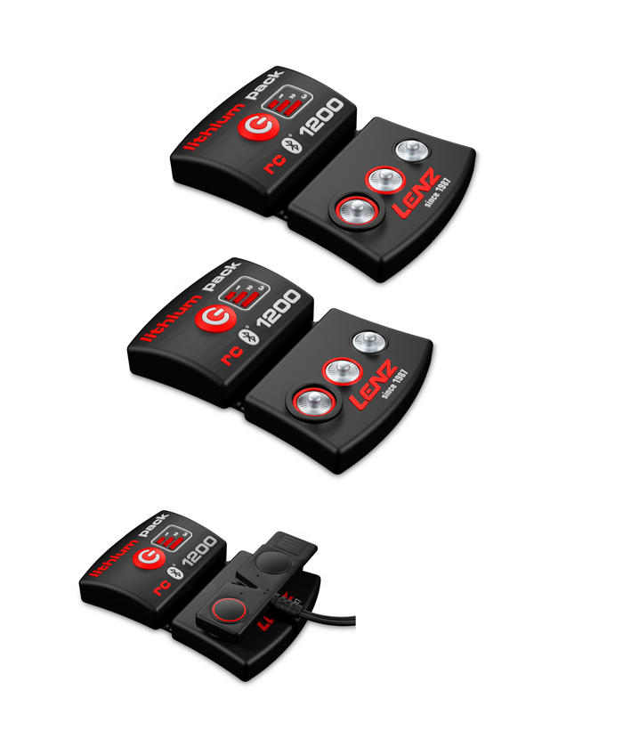 Lenz Lithium Pack RCB 1200 Drei Lenz Lithium Pack RCB 1200 Akkus für Heat Socks, von oben in einem Winkel fotografiert. Ein Akku mit Clip.