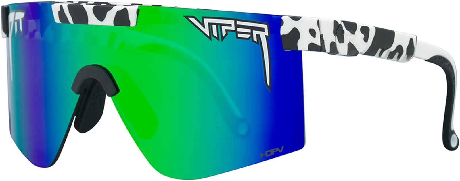 Extravagant sunglasses with green-blue color gradient, white frame with cow spots and black nose pad.
