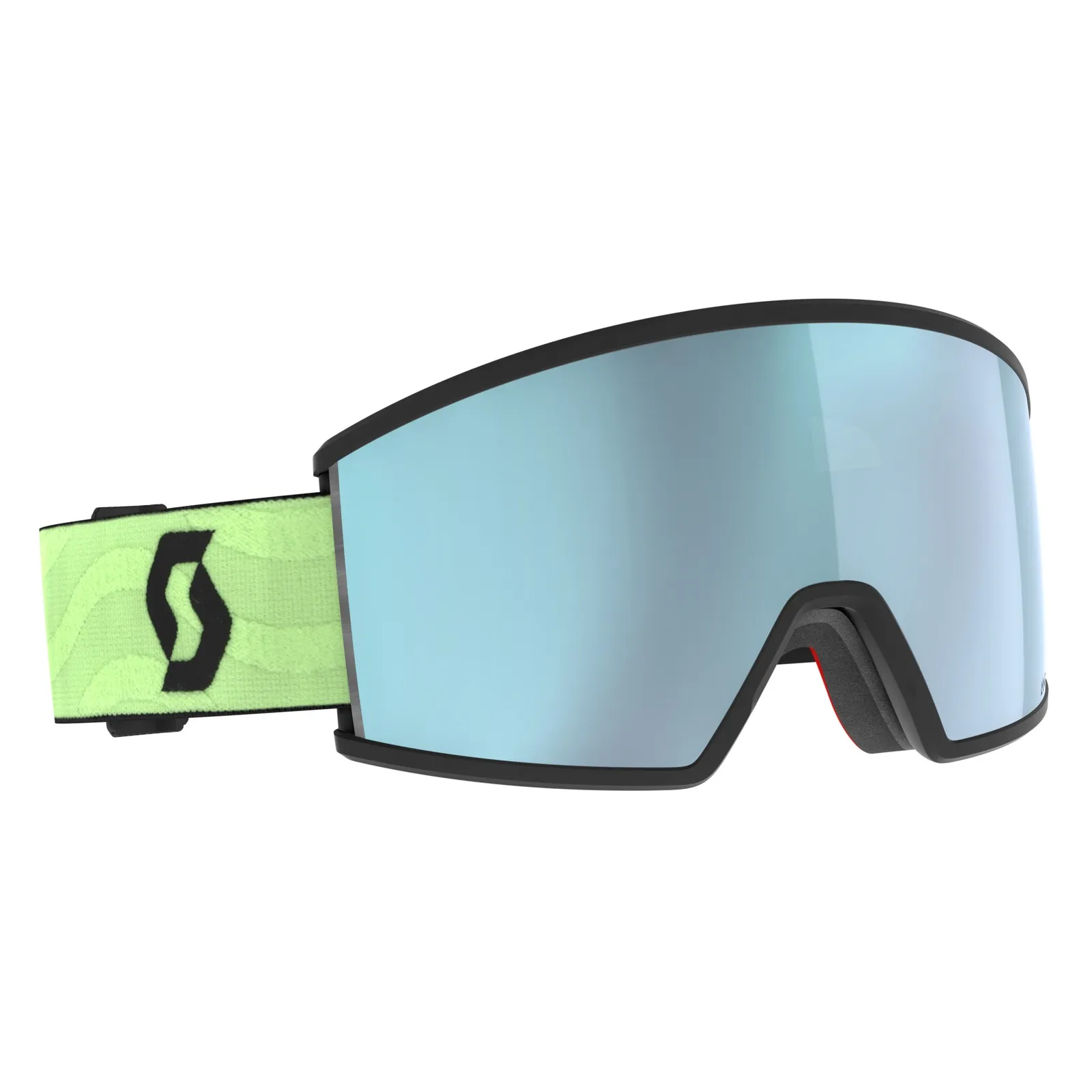 Ski goggle Ambit, front view. Black frame, light blue lens, light green strap with logo.