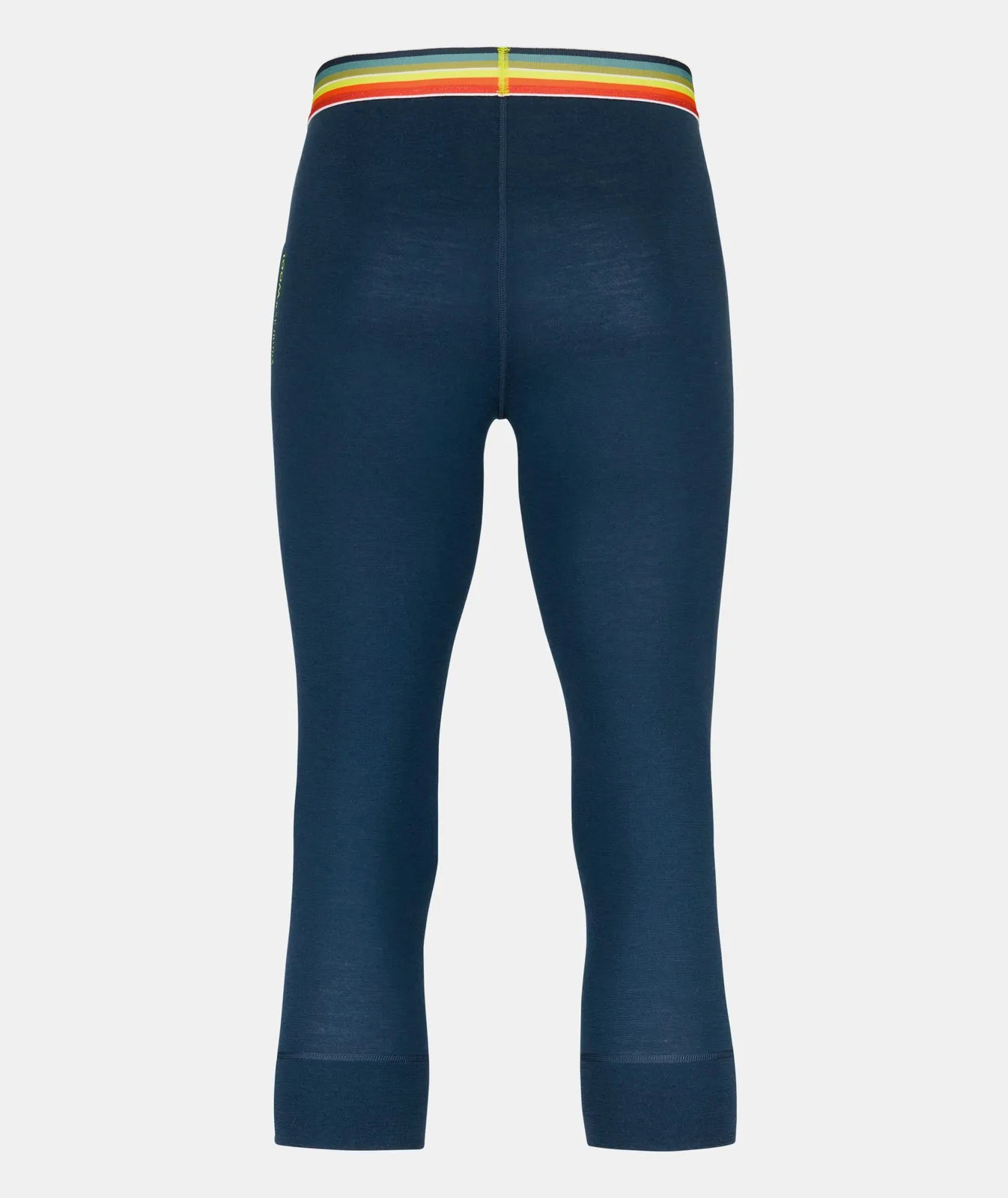 Blaue 185 ROCK'N'WOOL Hose, Dreiviertellänge von hinten. Bunter Bund mit Streifen in Gelb, Orange, Grün und Blau.