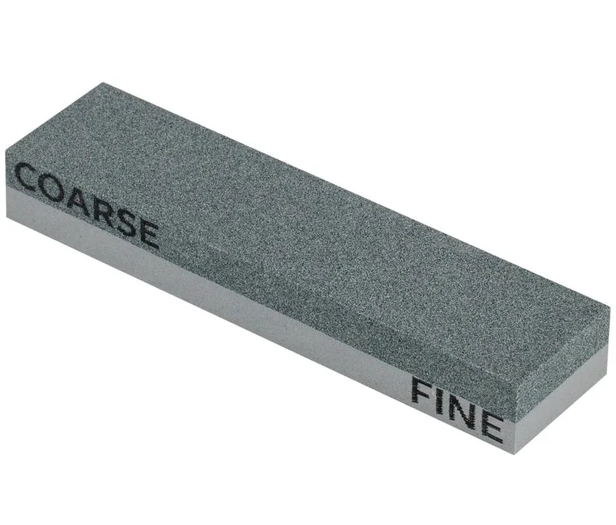Gray, rectangular whetstone with the inscriptions "COARSE" and "FINE" at the opposite ends.