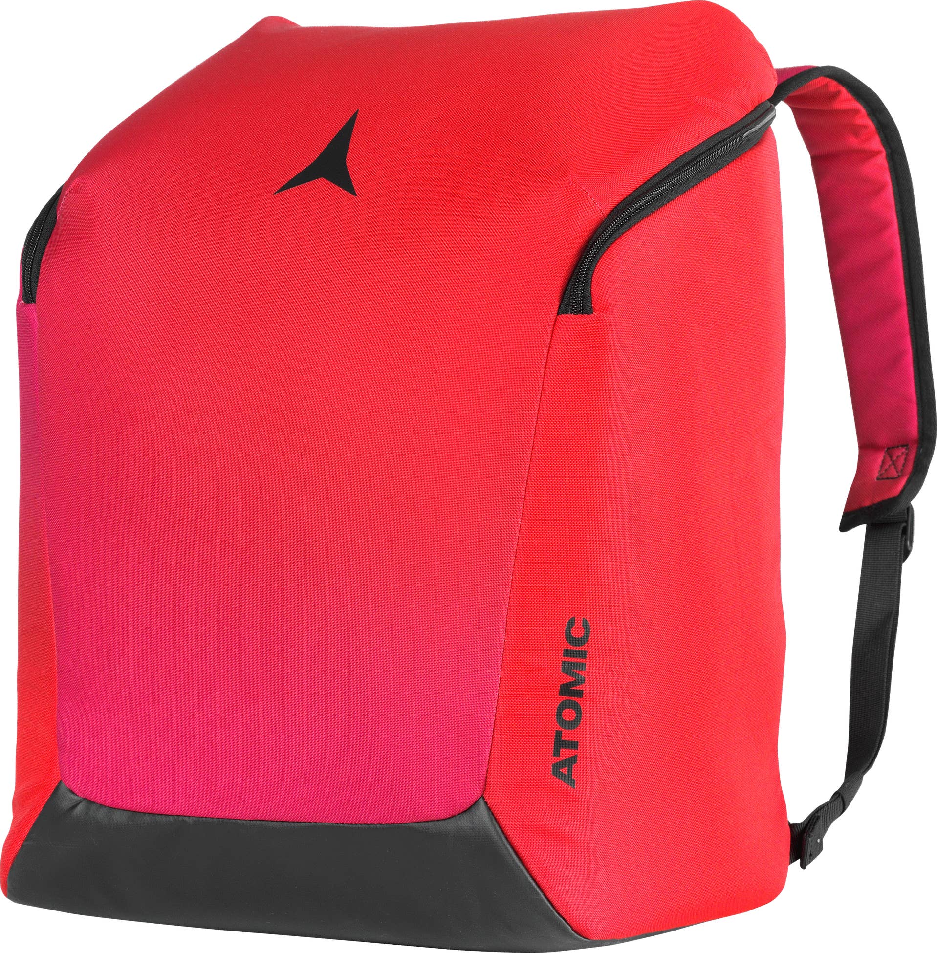 Roter Rucksack mit schwarzem Logo, Reißverschluss und Trägern vor weißem Hintergrund. Die Farbe des Rucksacks wechselt von Rot zu Rosa.