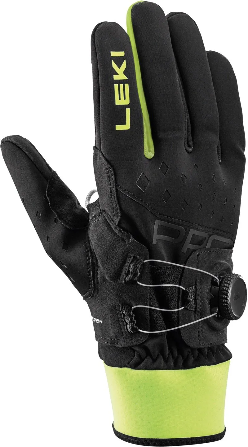 Guanto Leki PRC Boa Shark nero con dettagli giallo neon. Sistema Boa sul polso.