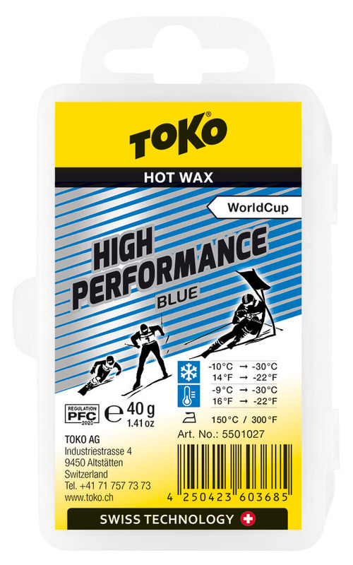 Verpackung Toko High Performance Blue Heisswachs, mit Skiläufern und Temperaturangaben.