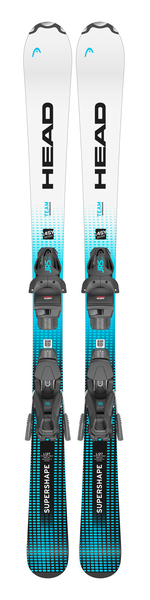 Paar Ski mit Bindung. Weißes Oberteil mit blau-schwarzem Muster und Aufschrift "Supershape Team".