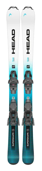 Paar Ski mit Bindung. Weißes Oberteil mit blau-schwarzem Muster und Aufschrift "Supershape Team".