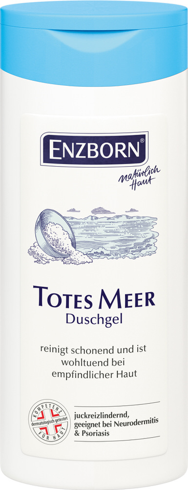 Weiße Flasche mit blauem Deckel, Aufschrift "Totes Meer Duschgel". Zeichnung von Meer und Salz auf dem Etikett.