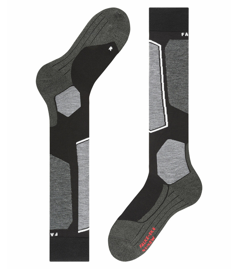 Schwarz-graue Falke SK6 Skiing Kniestrümpfe mit Polsterung und grauem Muster.