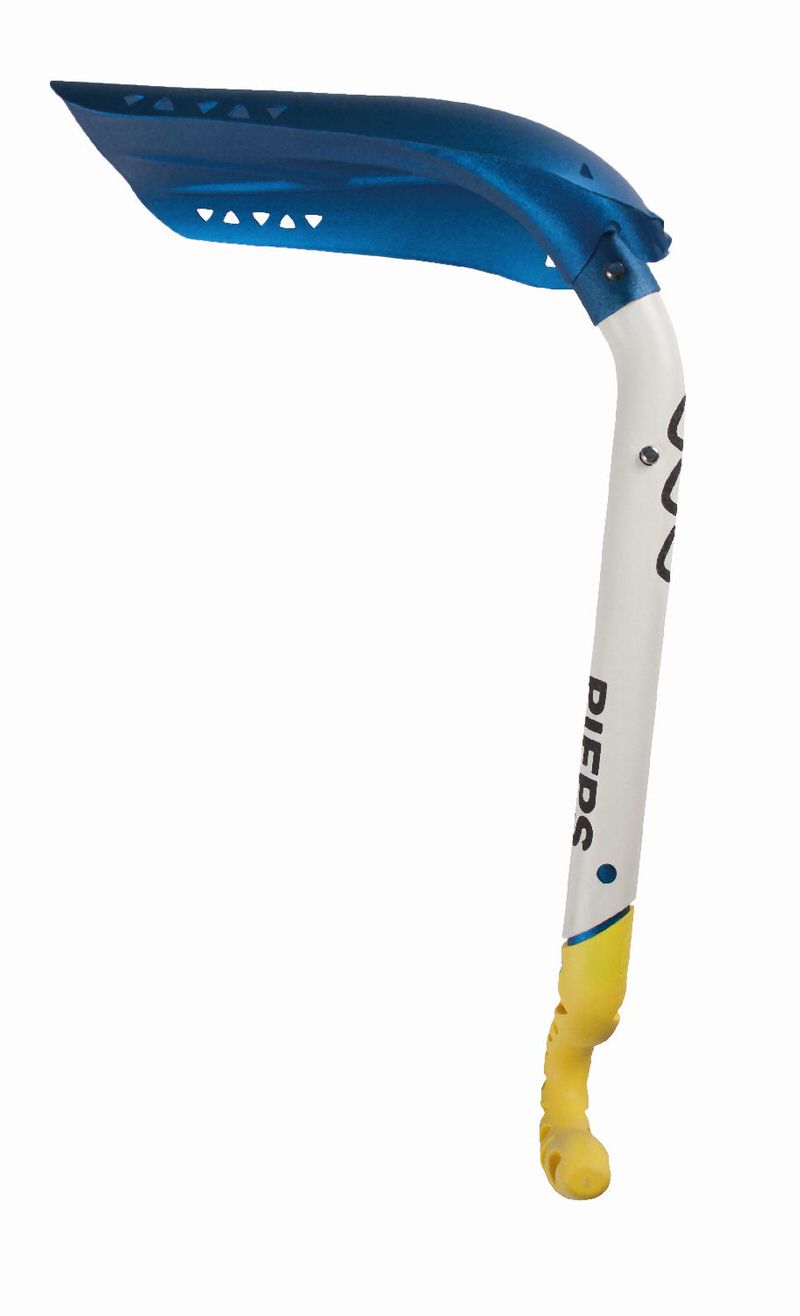 Pelle bleue Pieps C 660 avec manche télescopique et poignée en C jaune sur fond blanc.