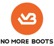 VB Logo und Slogan Orangefarbener Kreis mit stilisiertem, weißen "VB"-Logo. Darunter der Text "NO MORE BOOTS" in Großbuchstaben.