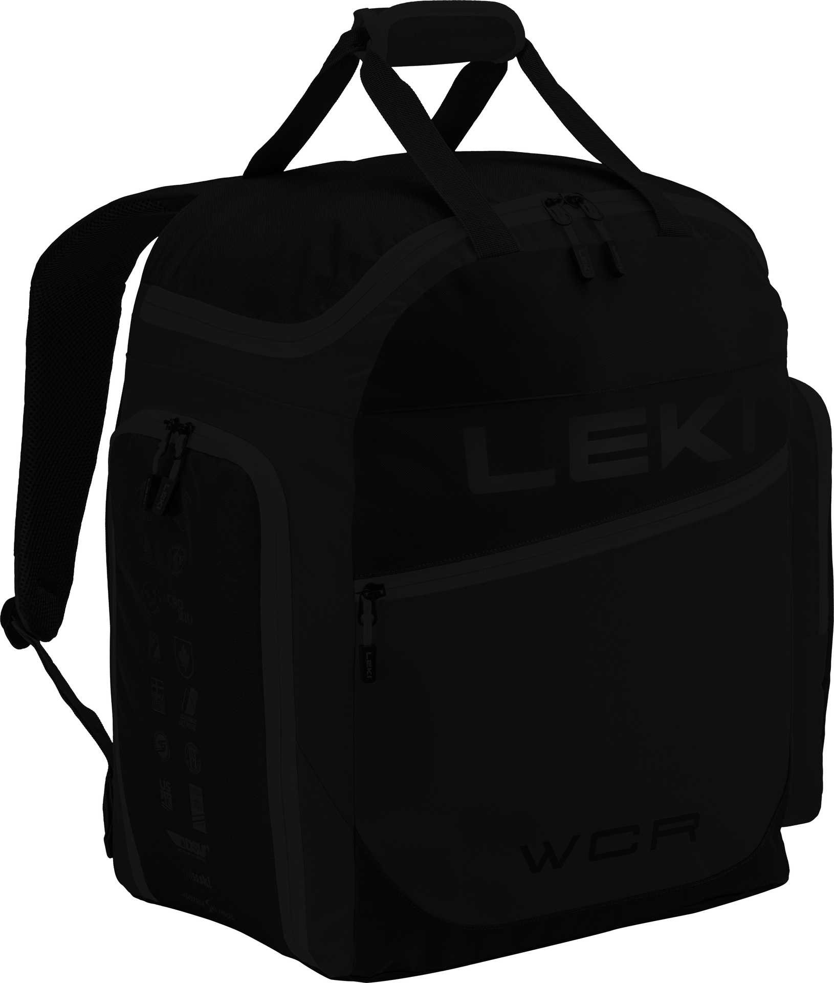 Schwarze Sporttasche/Rucksack der Marke Leki mit Tragegriffen und Schultergurten, sowie Reißverschlüssen und dem Schriftzug "LEKI" und "WCR".