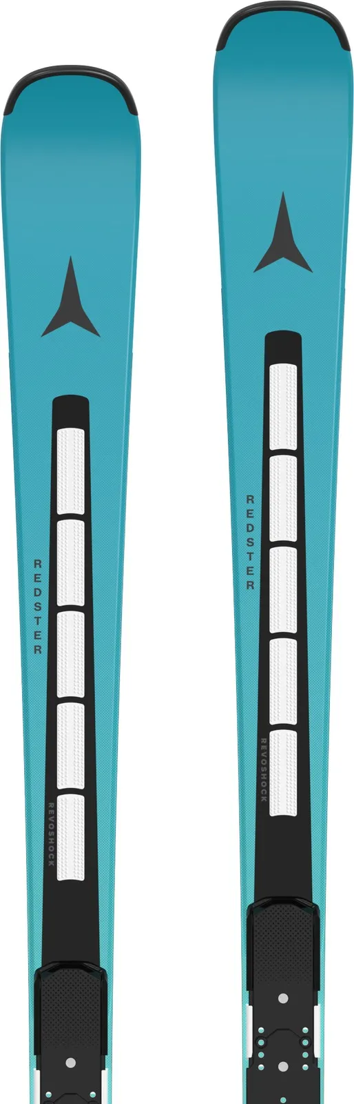 Atomic Redster X9RS Revoshock S ski with Icon RS 12 binding, in turquoise with black accents, ski ends up, from the front.