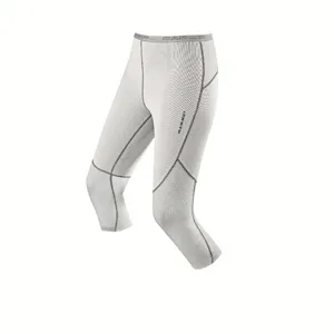 Weiße 3/4 Unterhose für Damen, knielang, mit grauen Nähten, schwebend vor weißem Hintergrund.