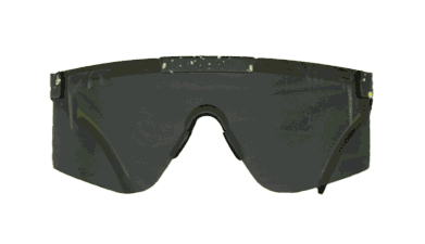 Dunkle, breite Sonnenbrille im futuristischen Stil, Teil der Cosmos Photchromic 2000 Kollektion.