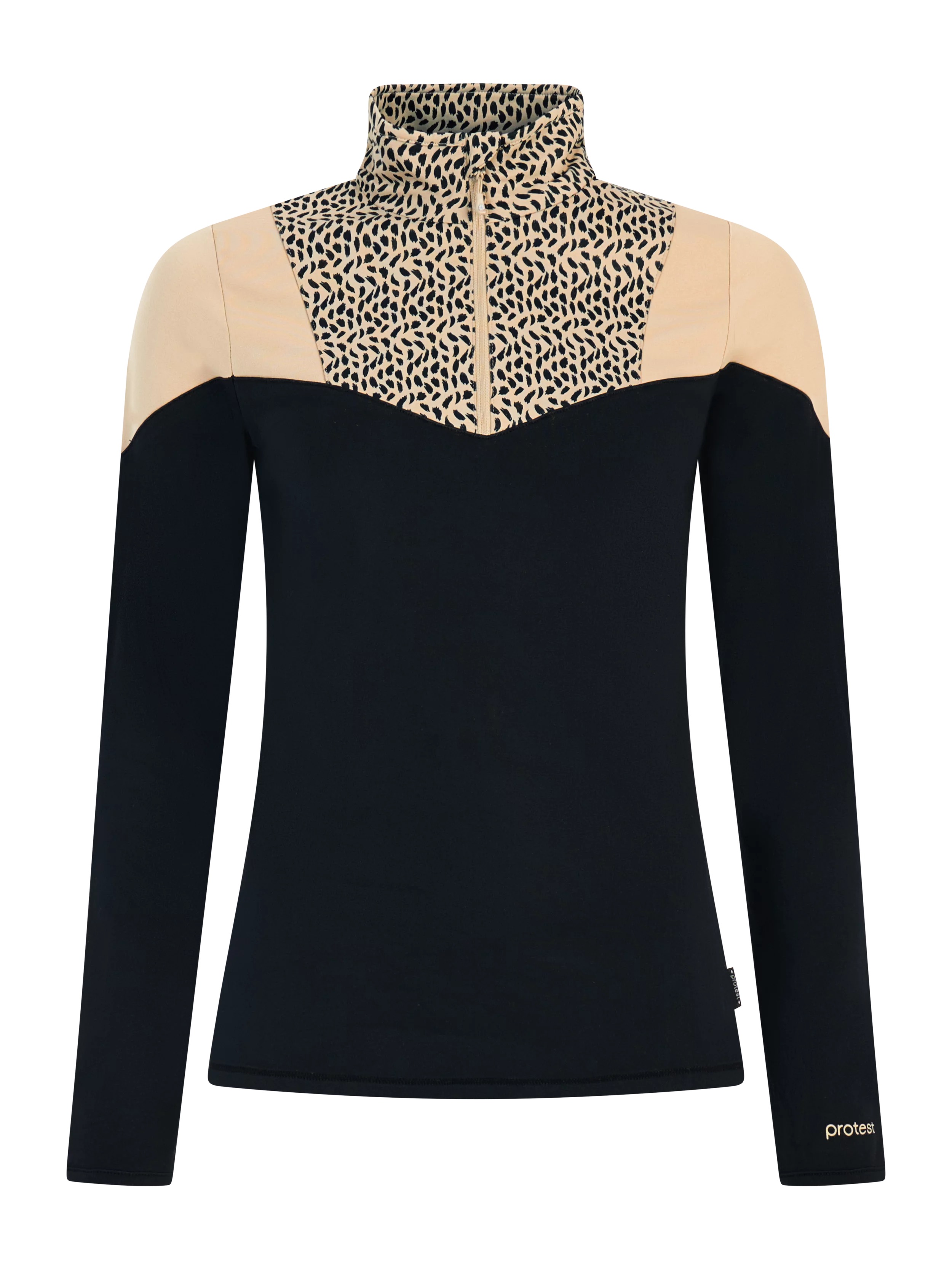 Long-sleeved shirt in black, beige and with a leopard pattern on the collar and upper chest.
